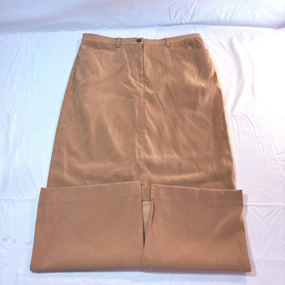 Talbots Stretch Tan Pencil Midi Skirt Size 12 Camel Faux Suede Feel Professional